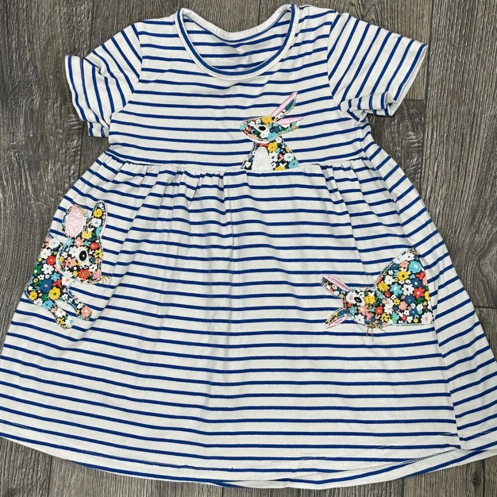 Blue & White Striped Cotton Dress with Bunny Rabbit Patches, Size 5/6
